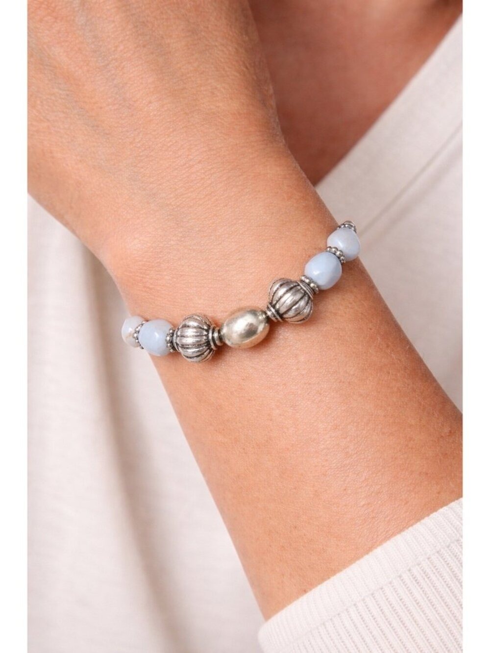Reimagined Blue Lace Agate Beaded Bracelet 7 Silver Tone